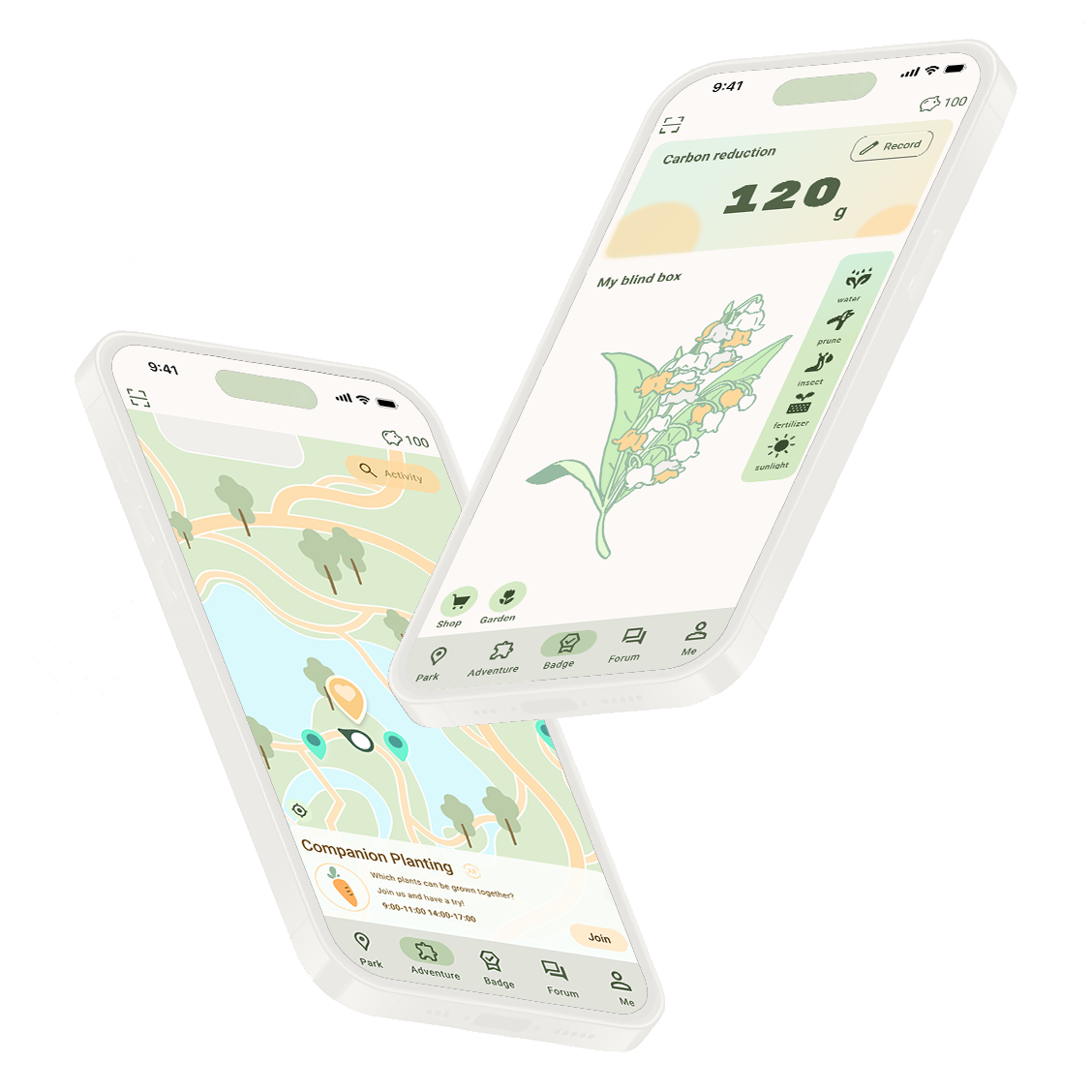 ECOGO 公园地图与植物养成界面展示